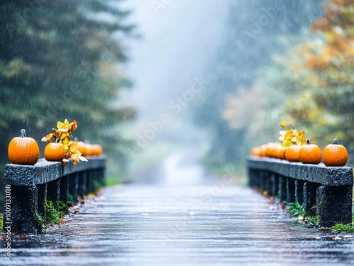 Haunted bridge with glowing pumpkins lining the edges eerie mist rising from the river below photo