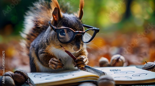 Industrious Squirrel Sketching Acorn Designs in Notebook with Tiny Glasses