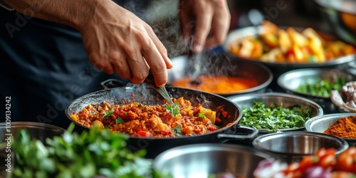 Hands crafting traditional Eid dishes, vibrant spices and fresh ingredients, warm kitchen ambiance, celebration of culture and culinary art photo