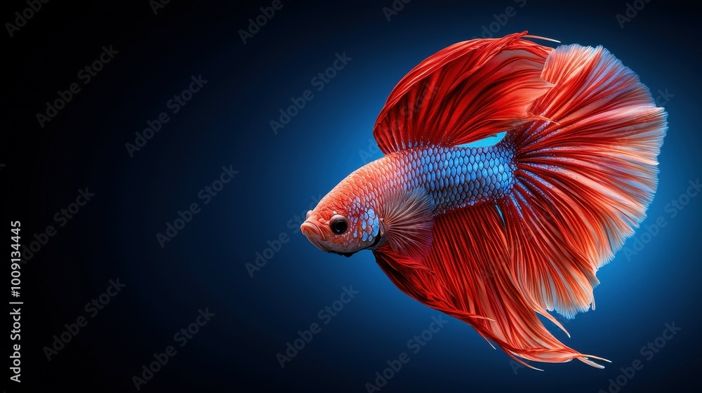 A red and blue Siamese fighting fish with flowing fins against a dark blue background. A red and blue Siamese fighting fish with flowing fins against a dark blue background.