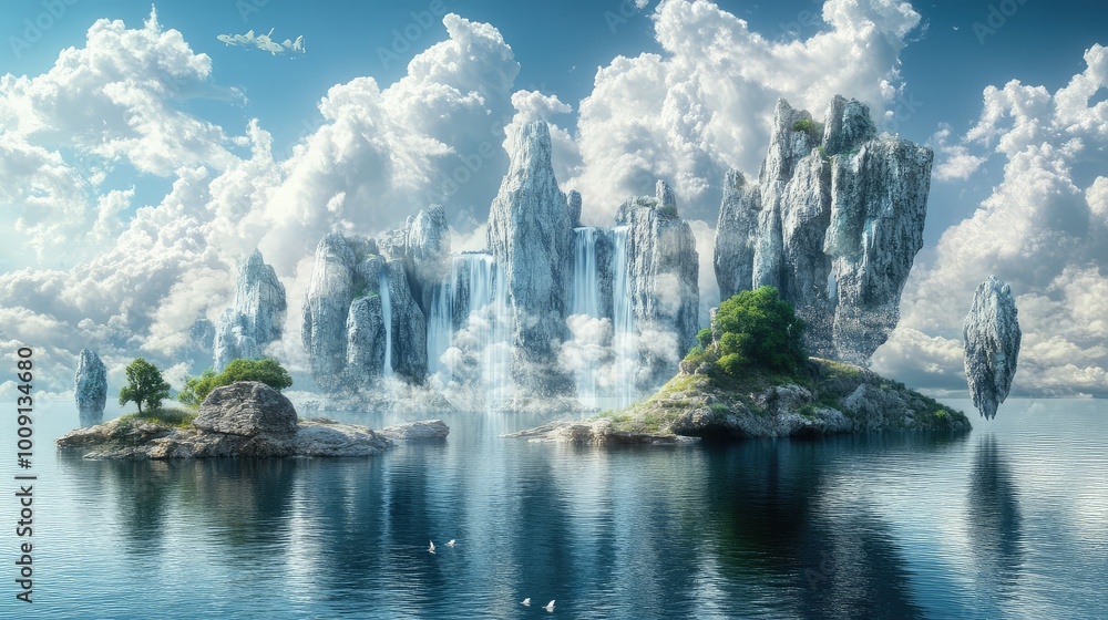 Floating marble mountains, polished and towering, hover over a peaceful sea, their waterfalls tumbling upward into the heavens. Floating marble mountains, polished and towering, hover over a peaceful sea, their waterfalls tumbling upward into the heavens.