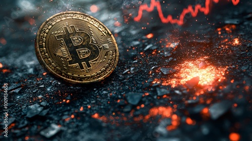 A Bitcoin coin is resting amidst glowing embers, set against a dark and fiery backdrop. The scene is enhanced by the red stock chart in the background, symbolizing the volatility and potential of