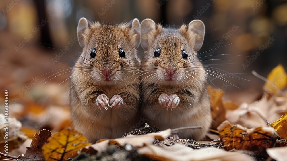 Two Adorable Mice Among Autumn Leaves Two Adorable Mice Among Autumn Leaves