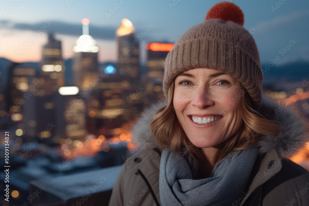 Portrait of a cheerful woman in her 40s dressed in a warm ski hat isolated in vibrant city skyline Portrait of a cheerful woman in her 40s dressed in a warm ski hat isolated in vibrant city skyline