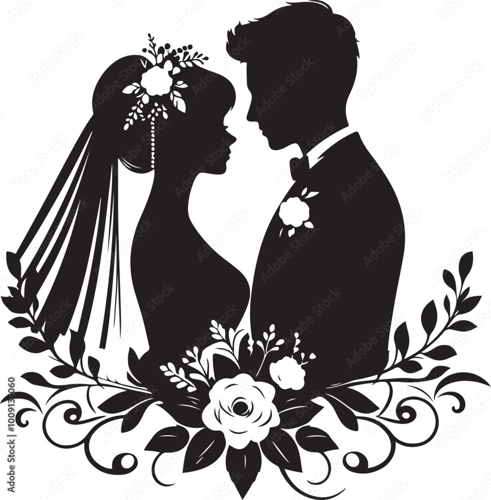 Wedding silhouette figures of newlyweds. Heart Shape Line Art. Vector illustration. Simple vector wedding couple silhouettes. Wedding silhouette figures of newlyweds. Heart Shape Line Art. Vector illustration. Simple vector wedding couple silhouettes.