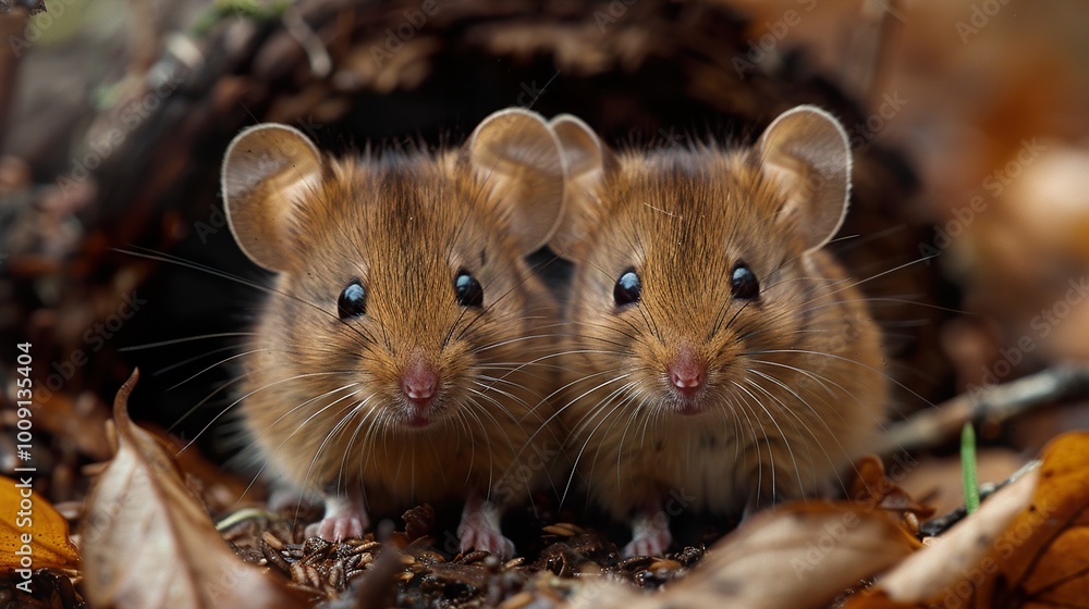 Two Cute Mice in the Autumn Forest Two Cute Mice in the Autumn Forest