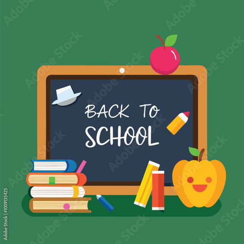 back to school poster with books and apple. Vector illustration.