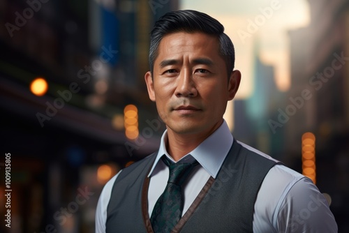 Portrait of a tender asian man in his 40s dressed in a polished vest in front of vibrant city skyline