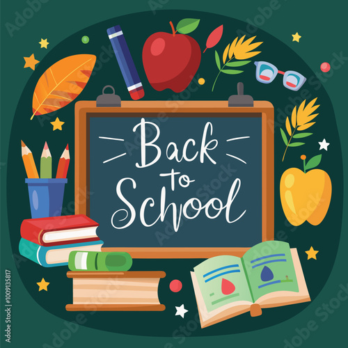 back to school poster with books and apple. Vector illustration.