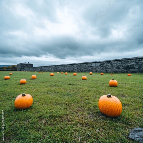 Medieval castle courtyard overrun with pumpkins glowing faintly in the night photo