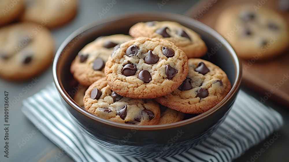 A Bowl of Cookies on a Striped Napkin, Chocolate Chip Cookies in a Cozy Kitchen Setting
A Bowl of Cookies on a Striped Napkin, Chocolate Chip Cookies in a Cozy Kitchen Setting