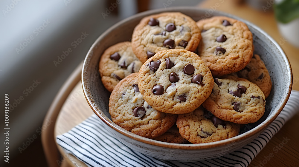A Bowl of Cookies on a Striped Napkin, Chocolate Chip Cookies in a Cozy Kitchen Setting
A Bowl of Cookies on a Striped Napkin, Chocolate Chip Cookies in a Cozy Kitchen Setting