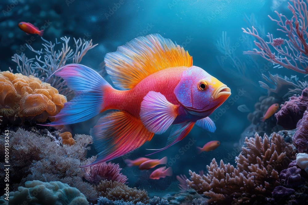 Obraz premium A colorful fish swims through a coral reef.