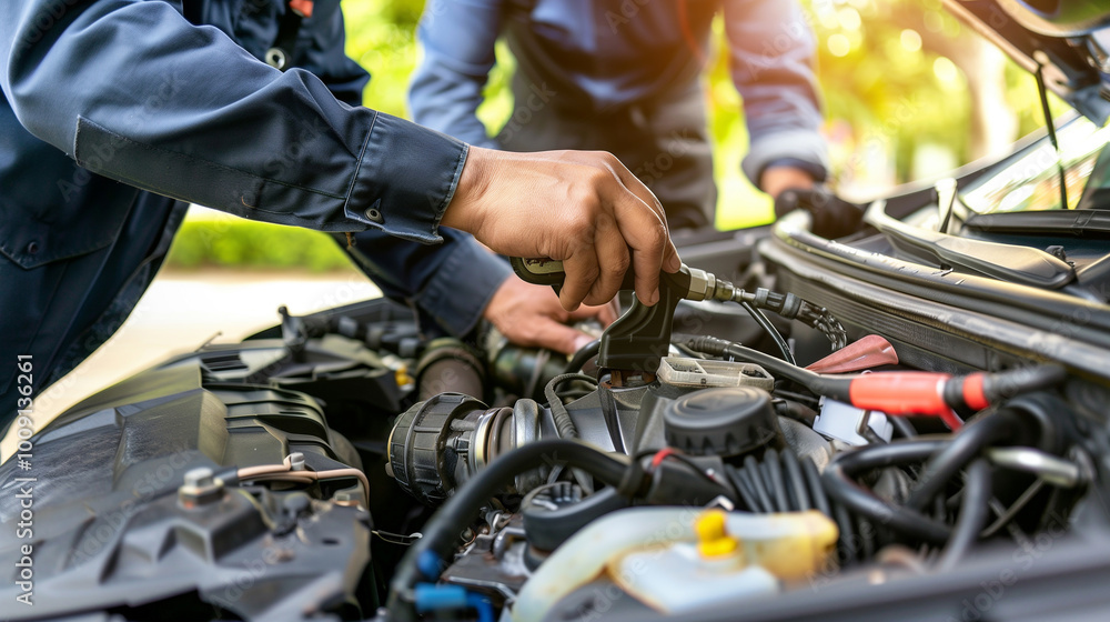 Mechanic inspecting a car engine with tools scattered around, symbolizing vehicle malfunction and repair work. Blurred background with shallow depth of field, highlighting the vehicle and maintenance Mechanic inspecting a car engine with tools scattered around, symbolizing vehicle malfunction and repair work. Blurred background with shallow depth of field, highlighting the vehicle and maintenance