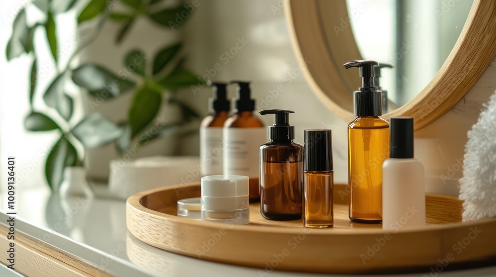 Beauty routine setup with essential products like serums, moisturizers, and cleansers on a vanity. Beauty routine setup with essential products like serums, moisturizers, and cleansers on a vanity.