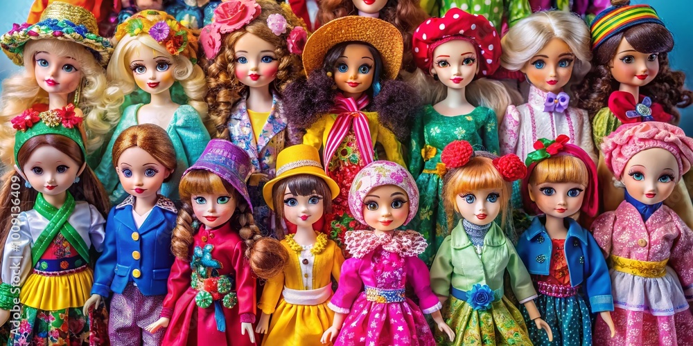Colorful collection of stylish dolls in various outfits showcasing creativity and imagination in play Colorful collection of stylish dolls in various outfits showcasing creativity and imagination in play