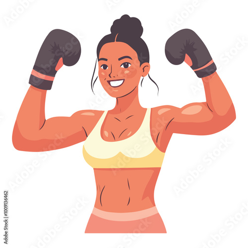 Young boxer girl performing at competitions Portrait of sportswoman Vector illustration
