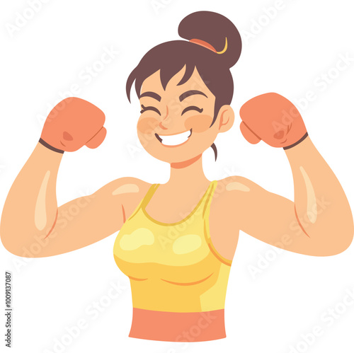 Young boxer girl performing at competitions Portrait of sportswoman Vector illustration