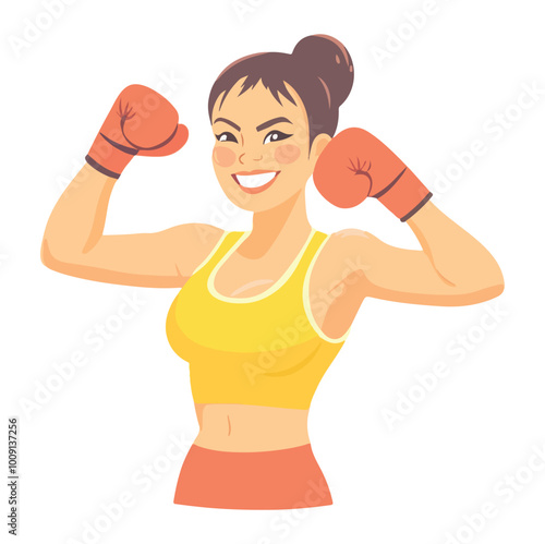 Young boxer girl performing at competitions Portrait of sportswoman Vector illustration