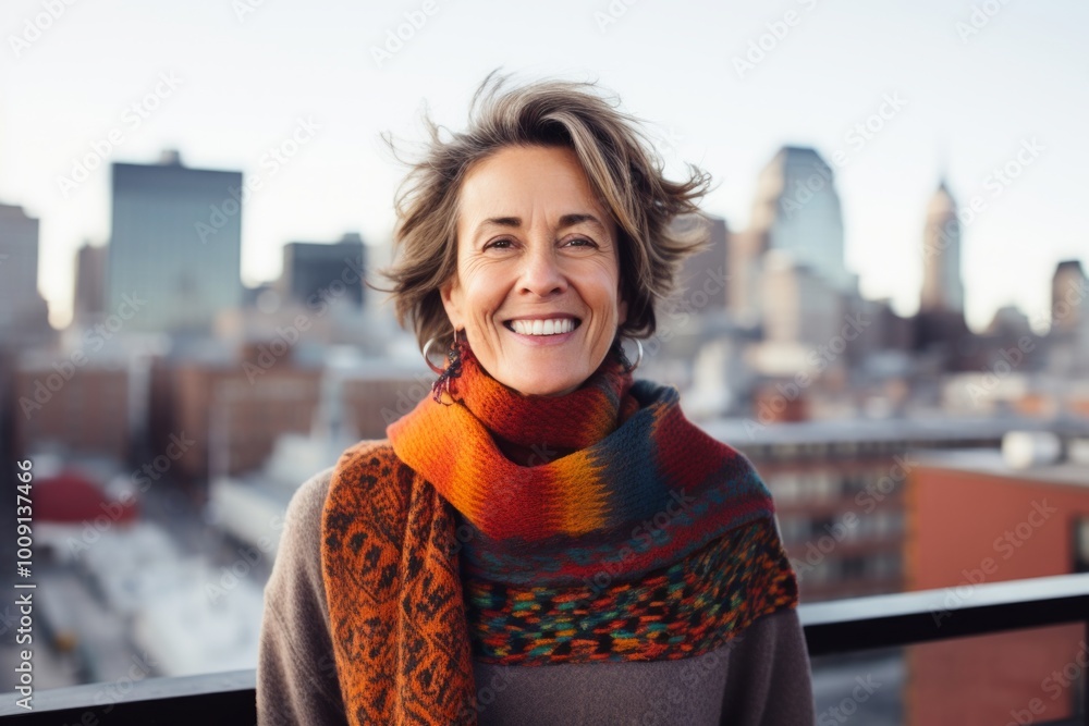 Fototapeta premium Portrait of a smiling woman in her 60s dressed in a warm wool sweater over vibrant city skyline