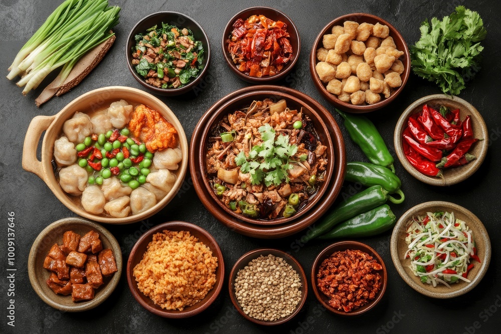 Chinese dishes in a clay plate on a black concrete background with ingredients for delivery - generative ai Chinese dishes in a clay plate on a black concrete background with ingredients for delivery - generative ai