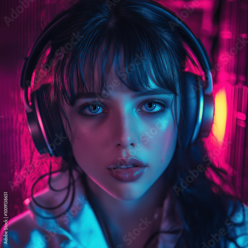 Young woman with headphones in neon lights conveys a sense of music and night life balance