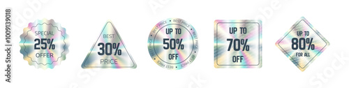 Holographic gradient vector sticker, label sale hologram emblem label for shop online sale premium quality. Discount off. Web design, e-commercial, great for any products.