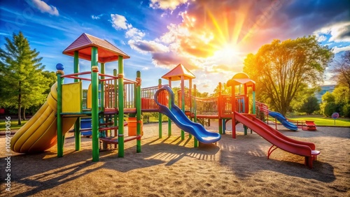 Wallpaper Mural Colorful Elementary School Playground with Slides, Swings, and Climbing Structures in Bright Sunlight Torontodigital.ca
