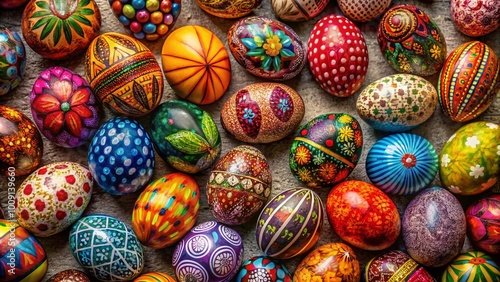 Colorful fabricated eggs arranged artistically on a textured background for creative projects and design