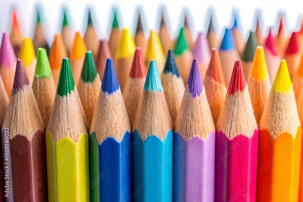 A close-up view of colorful pencils arranged in a row, showcasing their vibrant colors and sharpened tips on a white background. A close-up view of colorful pencils arranged in a row, showcasing their vibrant colors and sharpened tips on a white background.