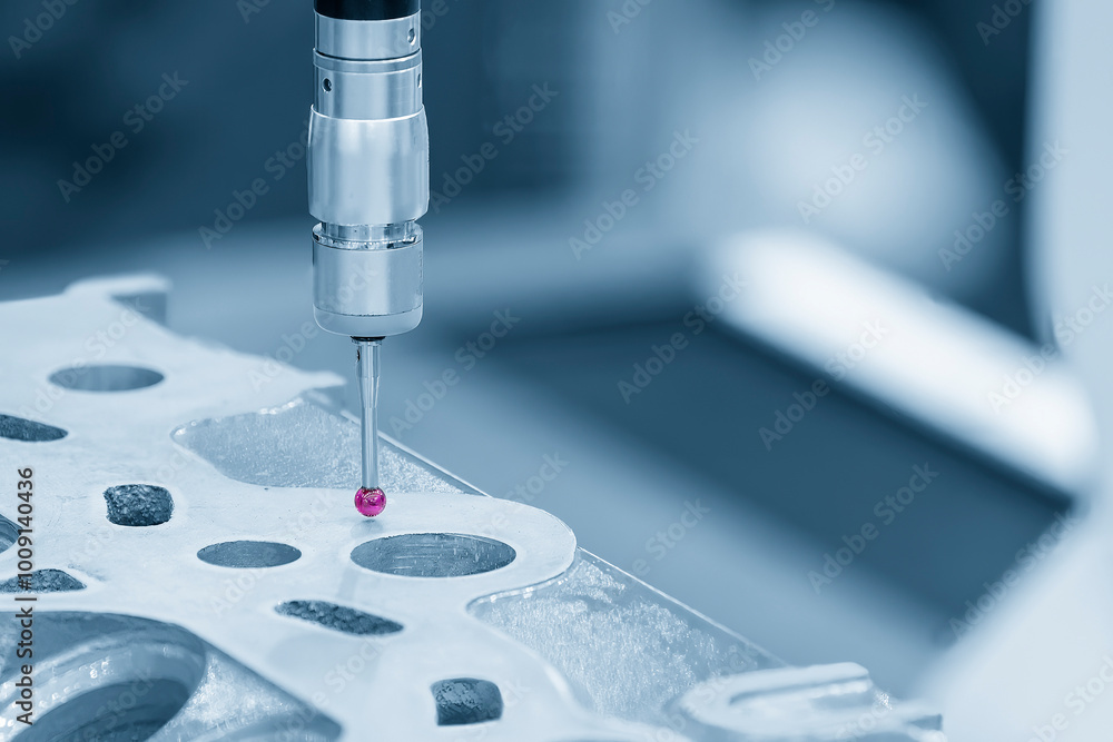 The multi axis CMM machine measuring the aluminum cylinder head parts in the light blue scene. The multi axis CMM machine measuring the aluminum cylinder head parts in the light blue scene.