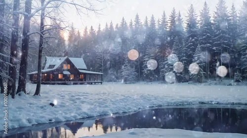 A peaceful winter scene featuring a cozy cabin nestled in the woods, surrounded by snow-covered trees and a frozen lake, Seamless looping 4k time-lapse animation video background