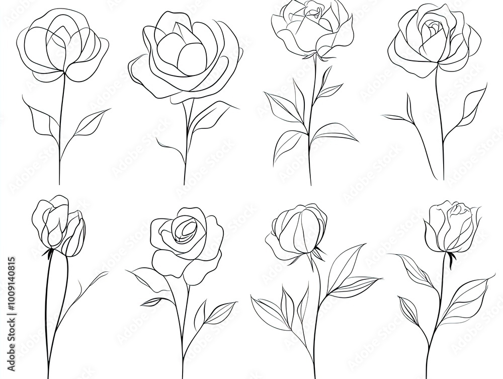 Obraz premium Minimalist Floral Outlines: Elegant Rose and Peony Designs for Monochromatic Wall Art, Perfect for Invigorating Your Sports Interior with Organic Shapes and Graceful Blooms