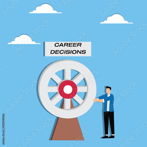 Businessman using decision wheel to select from various career advancement paths