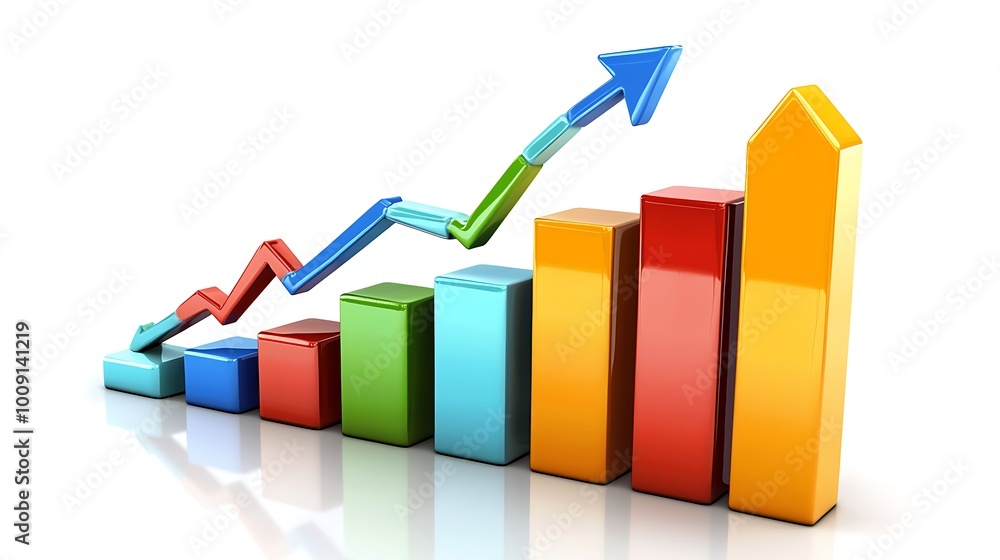 A colorful 3D bar chart climbs upward, a vibrant depiction of success in data form. A colorful 3D bar chart climbs upward, a vibrant depiction of success in data form.