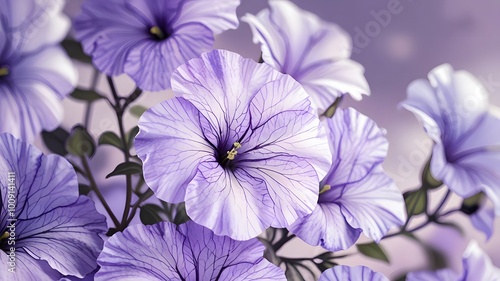 A stunning close-up of ethereal petunia flowers in a range of soft lavender hues