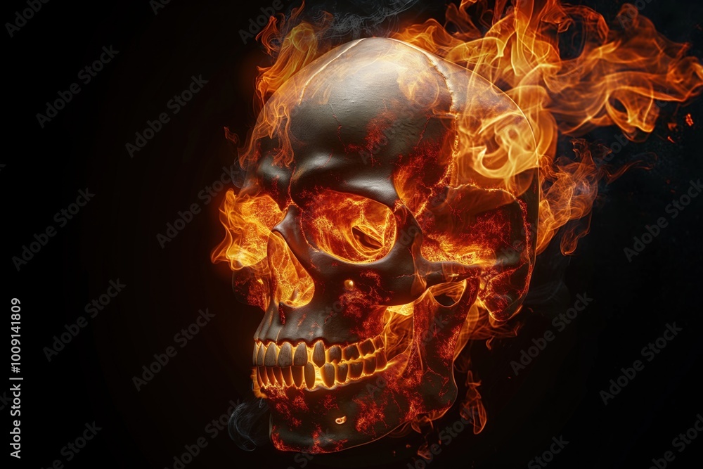 Human skull engulfed in flames on black background. Fiery illustration of skull with burning flames, dark, abstract, and mystical design. Skull face and teeth are visible through the intense fire. Human skull engulfed in flames on black background. Fiery illustration of skull with burning flames, dark, abstract, and mystical design. Skull face and teeth are visible through the intense fire.