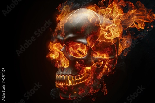 Human skull engulfed in flames on black background. Fiery illustration of skull with burning flames, dark, abstract, and mystical design. Skull face and teeth are visible through the intense fire.