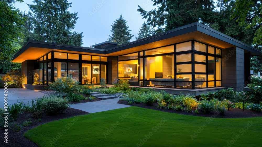 Modern home with large windows and a well-manicured lawn. Modern home with large windows and a well-manicured lawn.