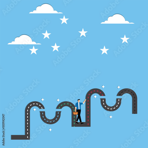 Businessman moving through series of interconnected paths each colors representing different career opportunity