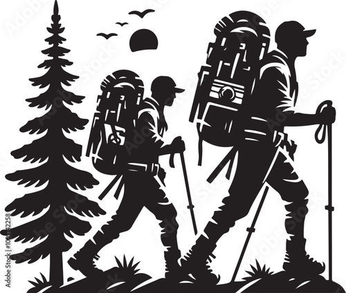 mountaineer climber hiker people, vector silhouette collection. Hiker Silhouettes. hiking man with rucksacks silhouette.