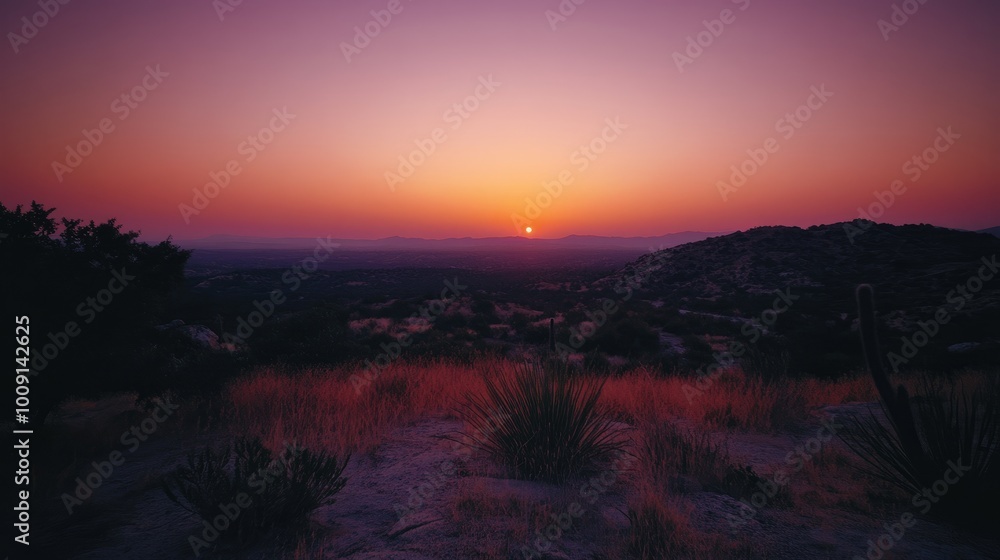 Obraz premium A vibrant sunset over a mountain range with a silhouette of vegetation in the foreground.