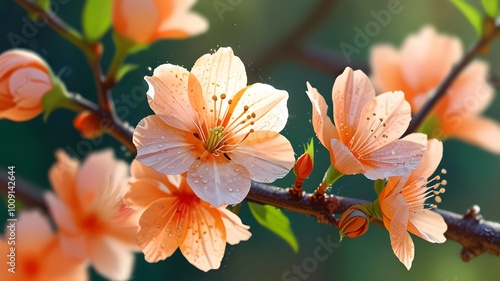 delicate and vibrant apricot flower blossom, impregnated by midday sunlight whit crystalline dew drops