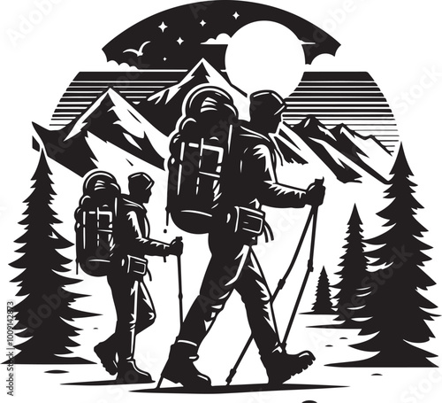 mountaineer climber hiker people, vector silhouette collection. Hiker Silhouettes. hiking man with rucksacks silhouette.