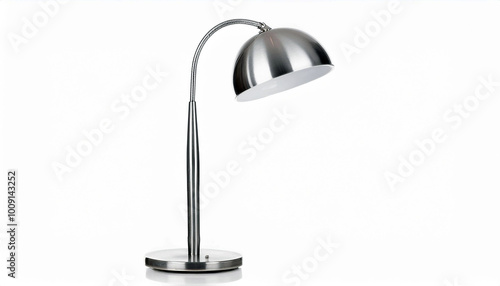 A sleek metallic desk lamp with a curved design, ideal for modern workspaces.