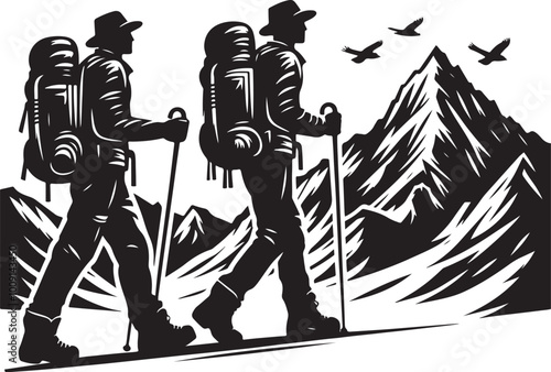 mountaineer climber hiker people, vector silhouette collection. Hiker Silhouettes. hiking man with rucksacks silhouette.