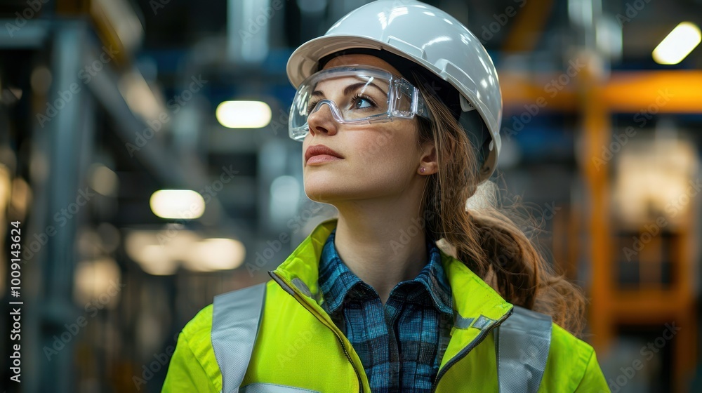 Portrait of a woman engineer with a hard hat and safety gear, inspecting a construction site or industrial environment. Portrait of a woman engineer with a hard hat and safety gear, inspecting a construction site or industrial environment.