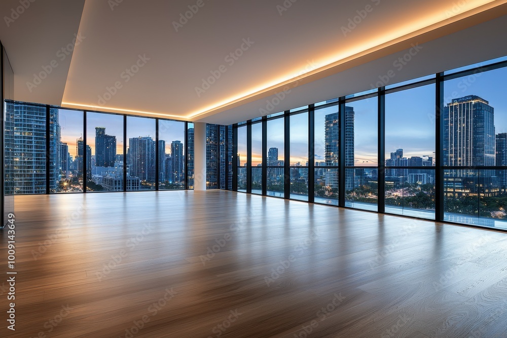 Empty room with large windows overlooking a city skyline at dusk. Empty room with large windows overlooking a city skyline at dusk.