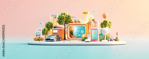 Futuristic miniature house with modern design, smart sensors, and advanced AIpowered systems
