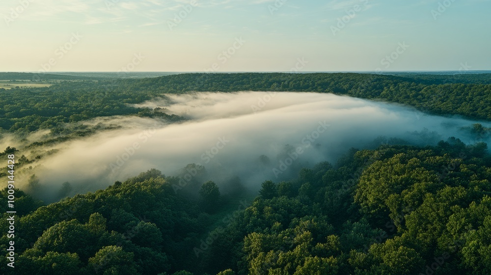 Aerial view of a lush forest with fog rolling through the trees at sunrise. Aerial view of a lush forest with fog rolling through the trees at sunrise.